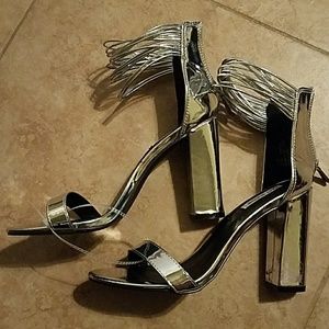 Shiny Silver Block Heel Shoes